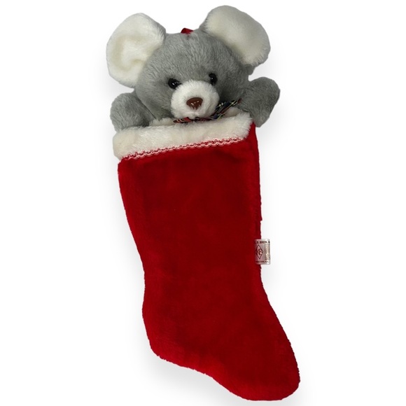 Vintage Christmas Stocking Grey Mouse Plush 80s KB Bros 17” Full Length 3D